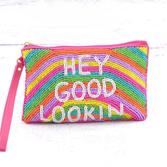 Hey Good Lookin Pink Seed Beaded Wristlet Strap Clutch Handbag NEW - Picture 2 of 3